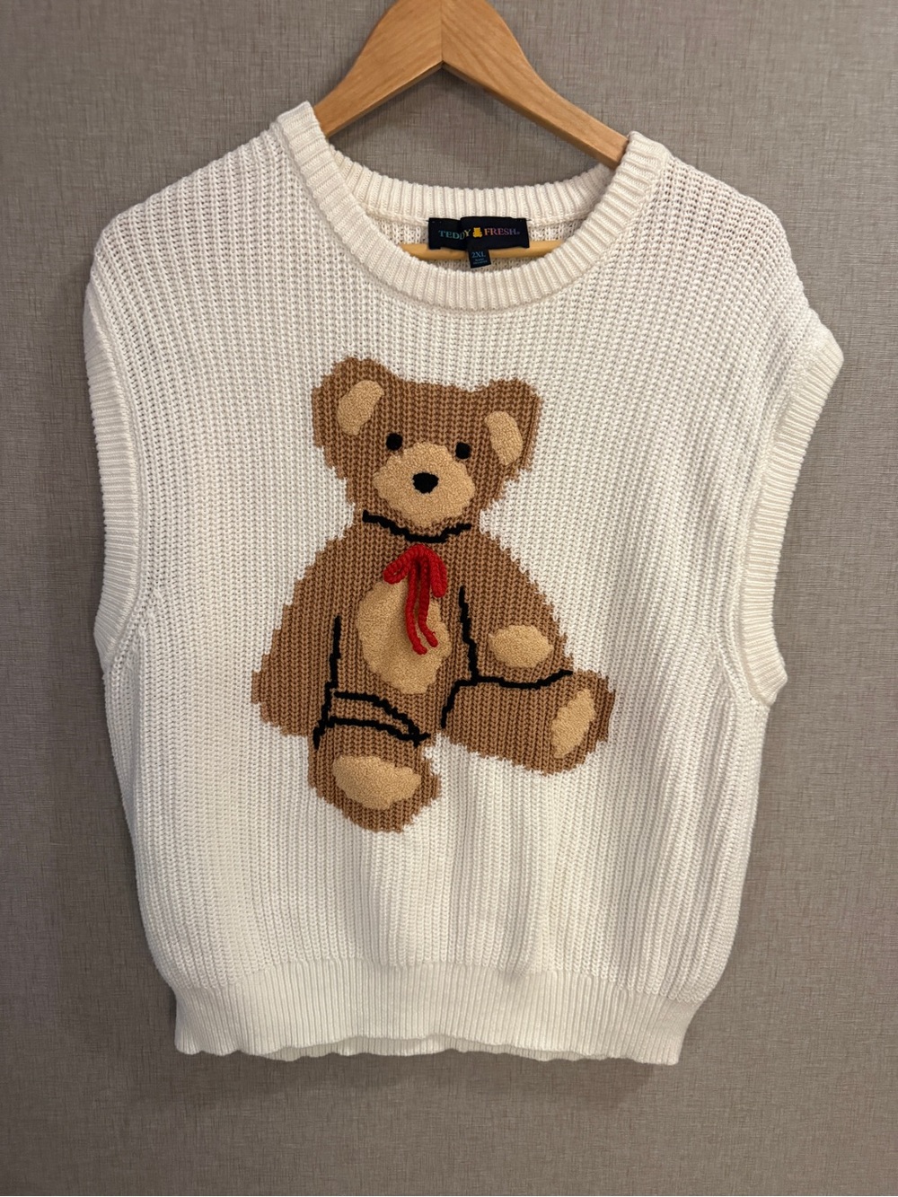 Teddy Fresh Cream Teddy Bear Sweater Vest 2XL Chunky Knit Coquette Y2K